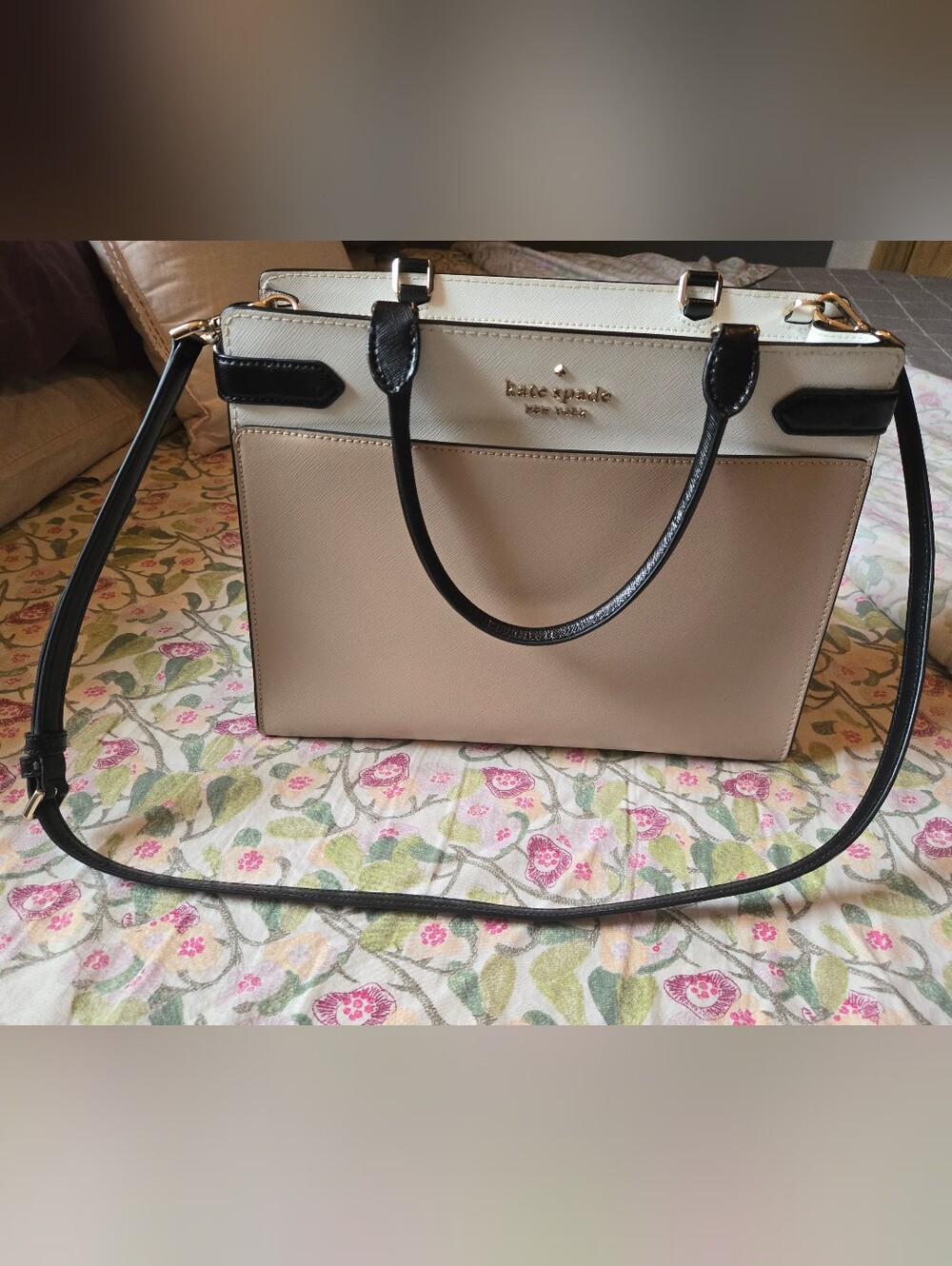Kate Spade Staci Saffiano Leather Satchel/Crossbody | Two-Toned Beige and Cream - Picture 8 of 12